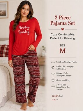 Pajama set of two pieces /pants and top women red size M